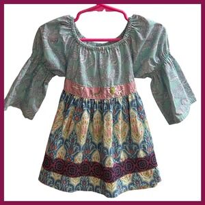 Matilda Jane Girls Size 2 Aqua Floral Print Bell Sleeve Dress with‎ Bow